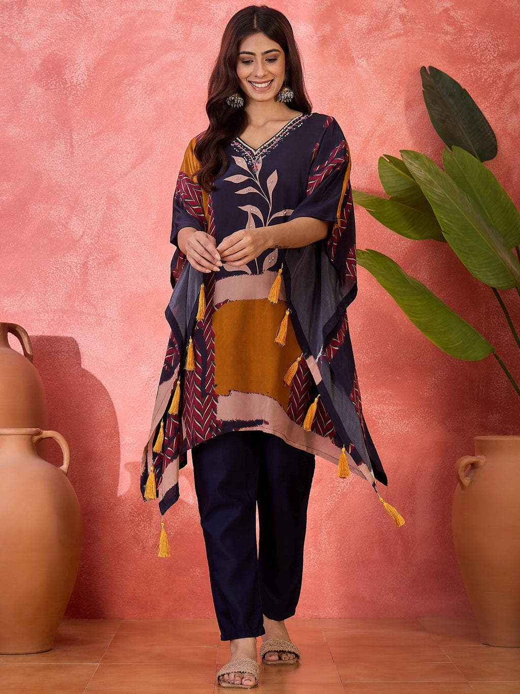 Joban Fashion Navy Blue Silk Printed Readymade Kurta Set | Grocsy