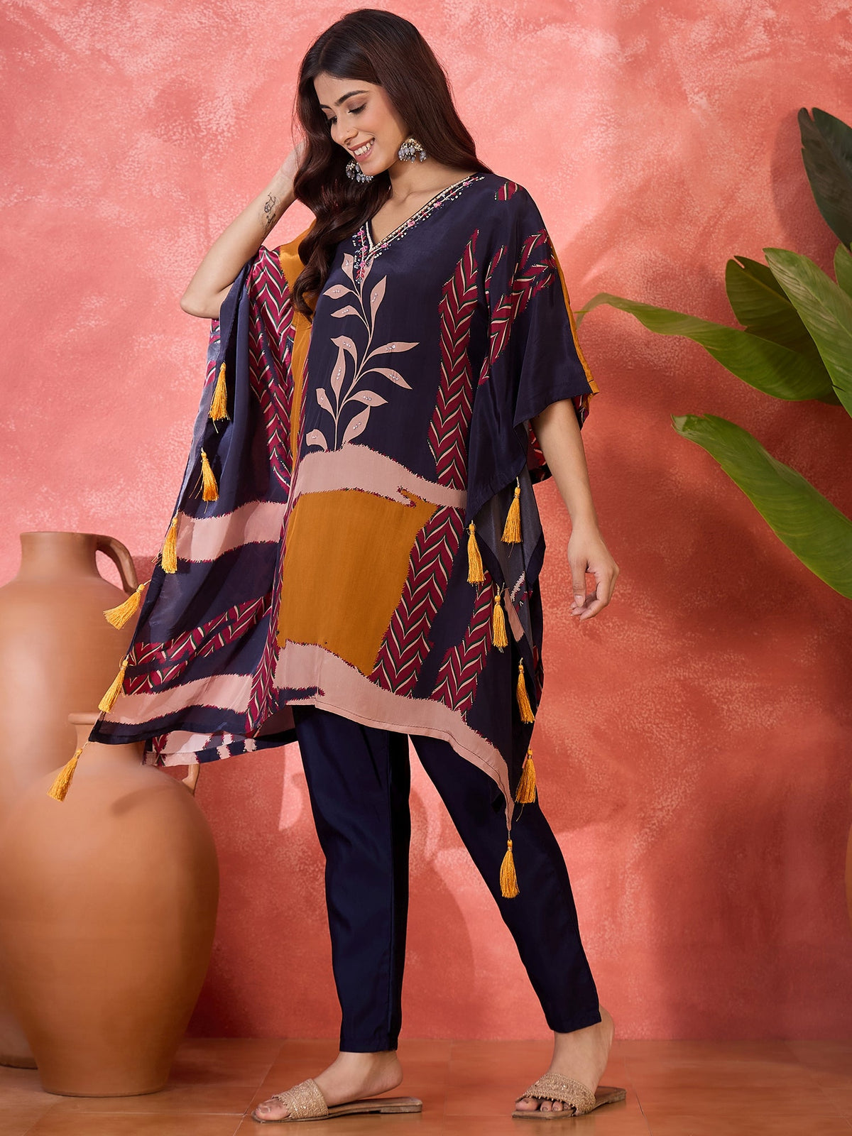 Joban Fashion Navy Blue Silk Printed Readymade Kurta Set | Grocsy