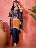 Joban Fashion Navy Blue Silk Printed Readymade Kurta Set | Grocsy