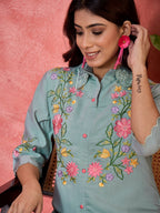 Joban Fashion Grey Silk Embroidered Readymade Kurta Set | Grocsy