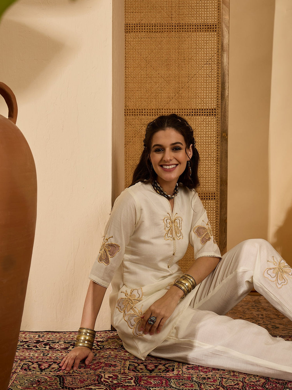 Joban Fashion Off White Silk Embroidered Readymade Kurta Set | Grocsy
