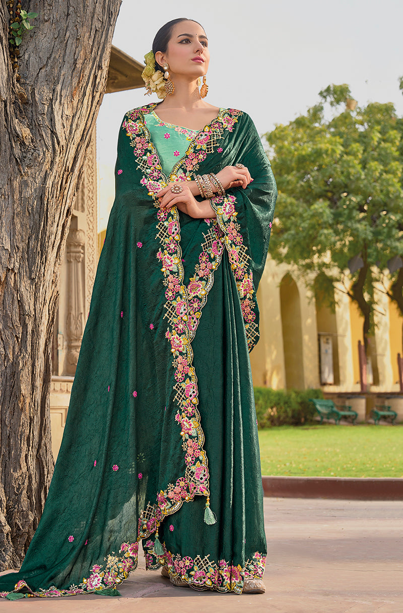 Monjolika Fashion Dark Green Colour Embroidered Organza Silk Party Saree | Grocsy
