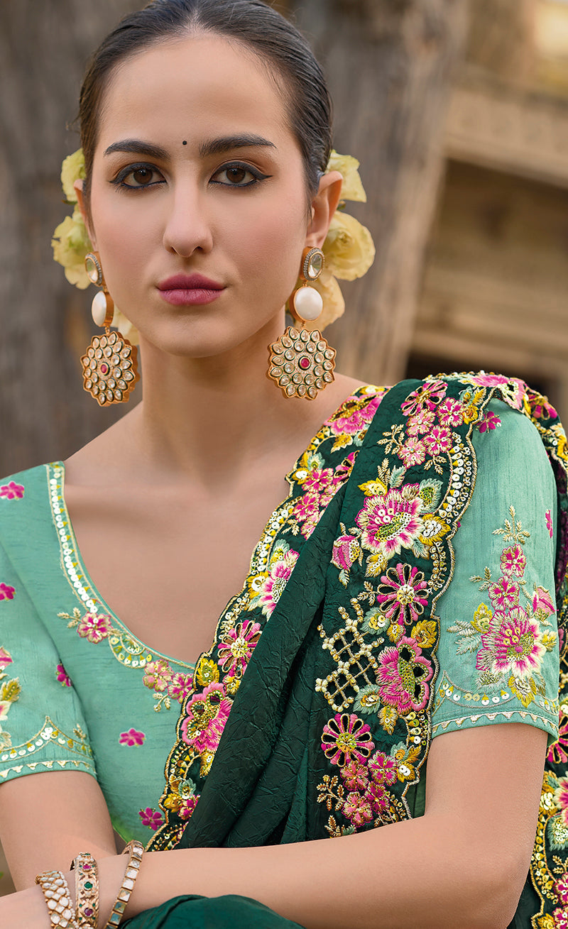 Monjolika Fashion Dark Green Colour Embroidered Organza Silk Party Saree | Grocsy