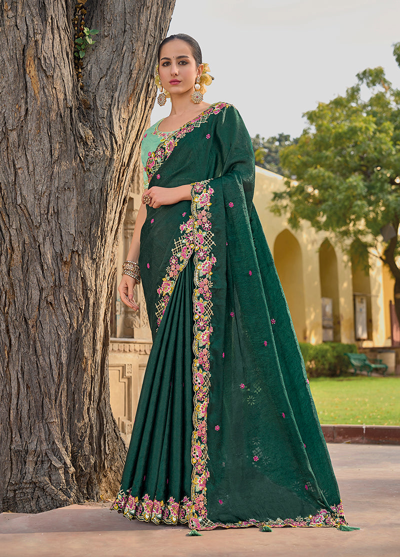 Monjolika Fashion Dark Green Colour Embroidered Organza Silk Party Saree | Grocsy