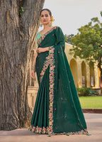 Monjolika Fashion Dark Green Colour Embroidered Organza Silk Party Saree | Grocsy
