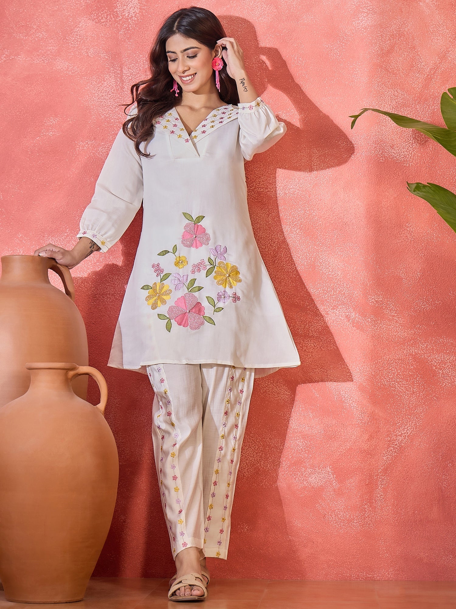 Joban Fashion Off White Silk Embroidered Readymade Kurta Set | Grocsy