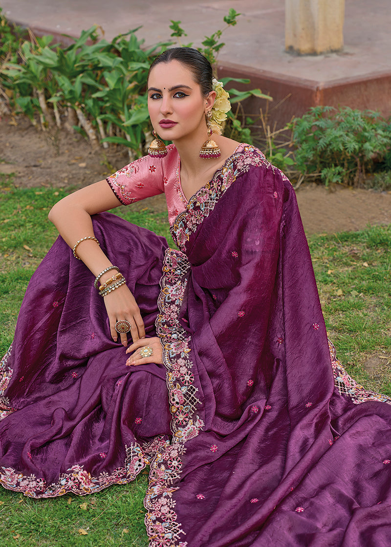 Monjolika Fashion Dark Purple Colour Embroidered Organza Silk Party Saree | Grocsy