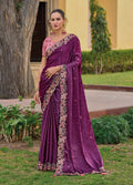 Monjolika Fashion Dark Purple Colour Embroidered Organza Silk Party Saree | Grocsy