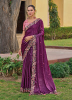 Monjolika Fashion Dark Purple Colour Embroidered Organza Silk Party Saree | Grocsy
