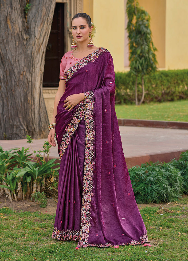 Monjolika Fashion Dark Purple Colour Embroidered Organza Silk Party Saree | Grocsy