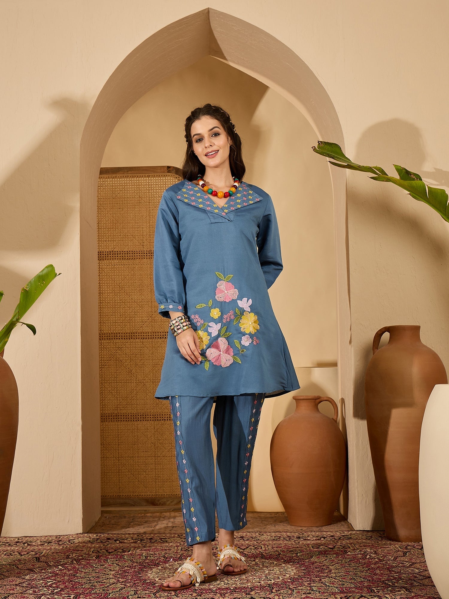 Joban Fashion Blue Silk Embroidered Readymade Kurta Set | Grocsy
