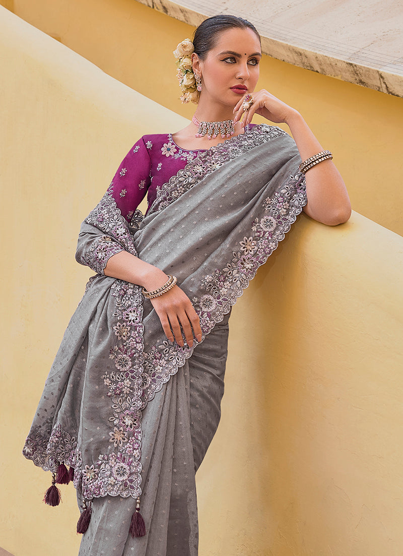Monjolika Fashion Grey Colour Embroidered Organza Silk Party Saree | Grocsy