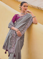 Monjolika Fashion Grey Colour Embroidered Organza Silk Party Saree | Grocsy
