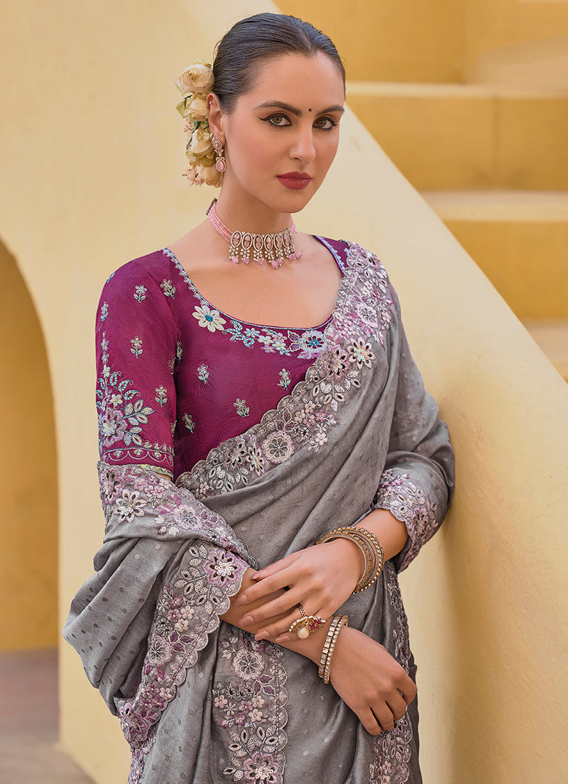 Monjolika Fashion Grey Colour Embroidered Organza Silk Party Saree | Grocsy