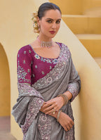 Monjolika Fashion Grey Colour Embroidered Organza Silk Party Saree | Grocsy