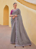 Monjolika Fashion Grey Colour Embroidered Organza Silk Party Saree | Grocsy