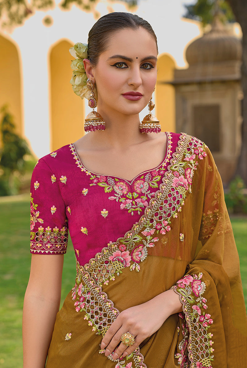 Monjolika Fashion Light Brown Colour Embroidered Organza Silk Party Saree | Grocsy