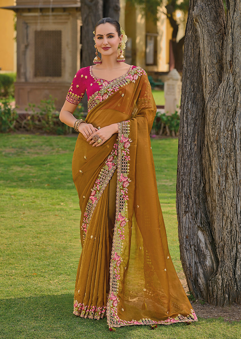 Monjolika Fashion Light Brown Colour Embroidered Organza Silk Party Saree | Grocsy