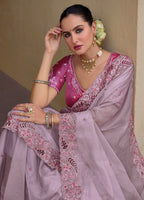 Monjolika Fashion Baby Pink Colour Embroidered Organza Silk Party Saree | Grocsy