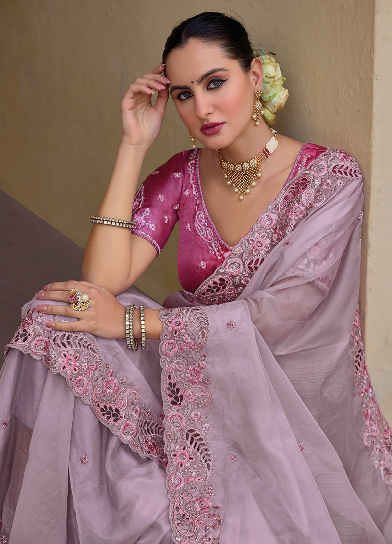 Monjolika Fashion Baby Pink Colour Embroidered Organza Silk Party Saree | Grocsy