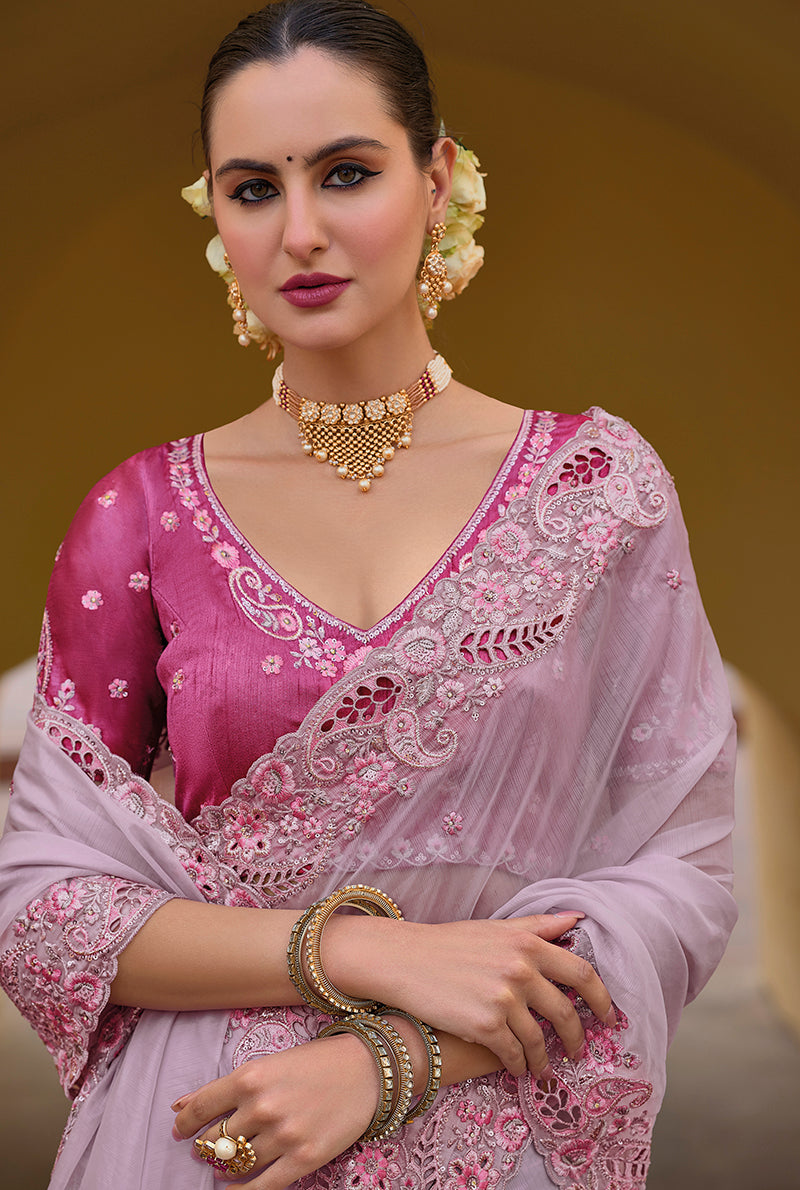 Monjolika Fashion Baby Pink Colour Embroidered Organza Silk Party Saree | Grocsy