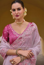 Monjolika Fashion Baby Pink Colour Embroidered Organza Silk Party Saree | Grocsy