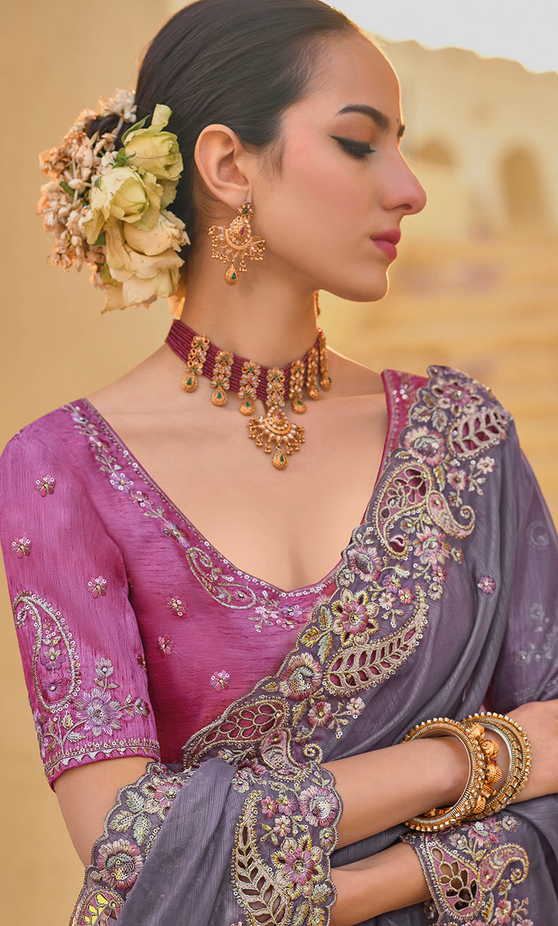 Monjolika Fashion Dark Grey Colour Embroidered Organza Silk Party Saree | Grocsy