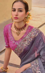 Monjolika Fashion Dark Grey Colour Embroidered Organza Silk Party Saree | Grocsy