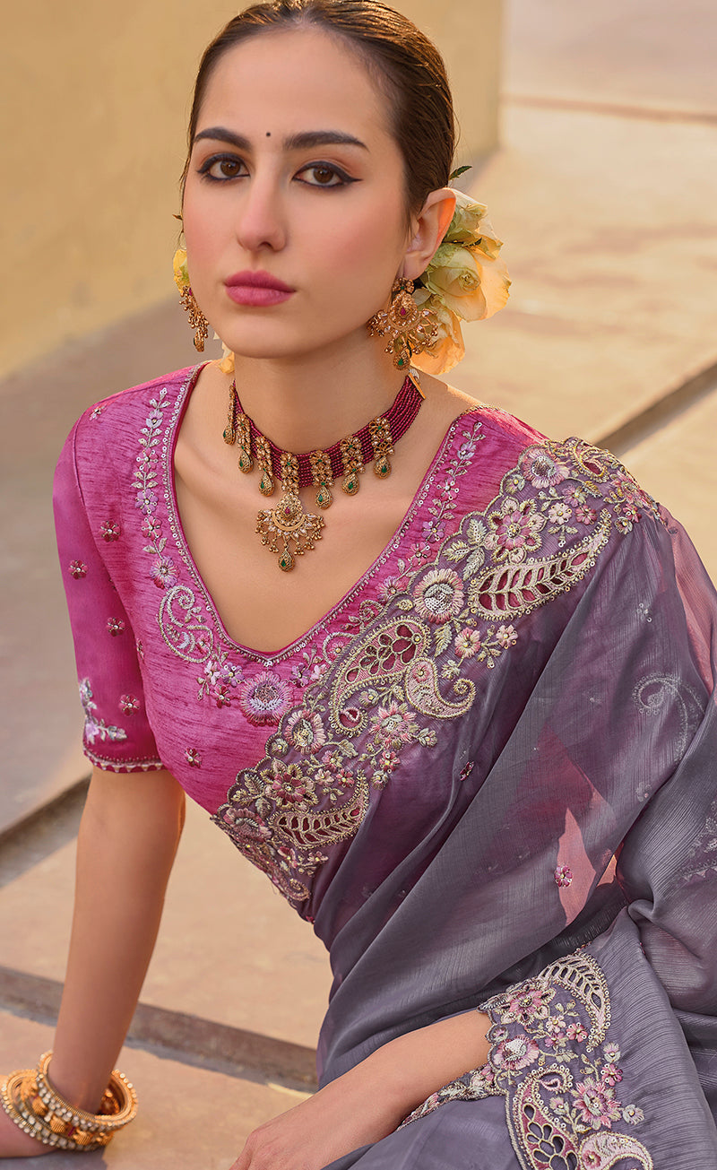 Monjolika Fashion Dark Grey Colour Embroidered Organza Silk Party Saree | Grocsy