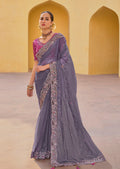 Monjolika Fashion Dark Grey Colour Embroidered Organza Silk Party Saree | Grocsy