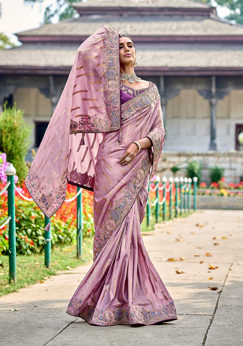 Monjolika Fashion Mauve Colour Banarasi Silk Embroidered Woven Saree With Blouse | Grocsy