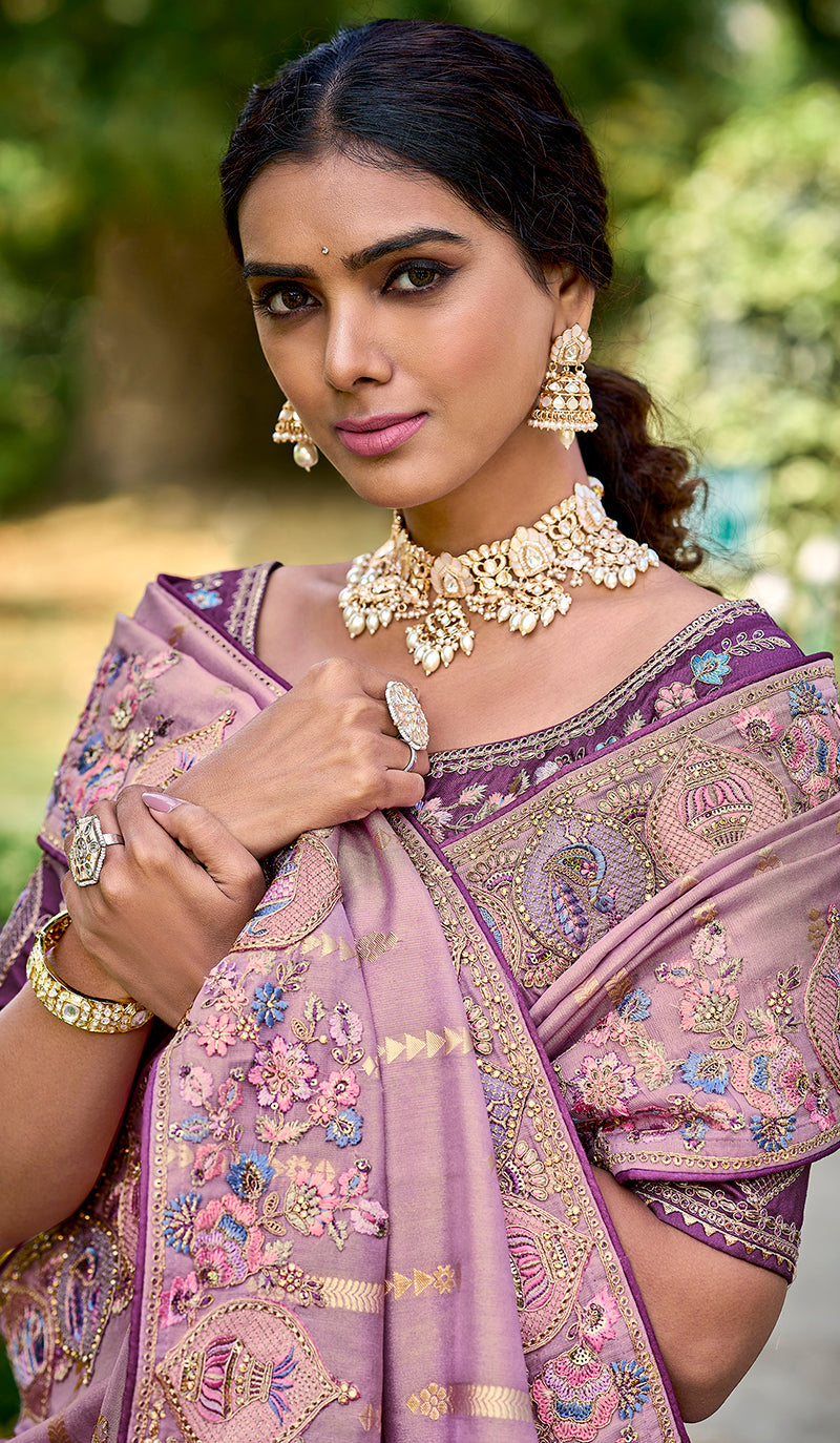 Monjolika Fashion Mauve Colour Banarasi Silk Embroidered Woven Saree With Blouse | Grocsy