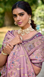 Monjolika Fashion Mauve Colour Banarasi Silk Embroidered Woven Saree With Blouse | Grocsy