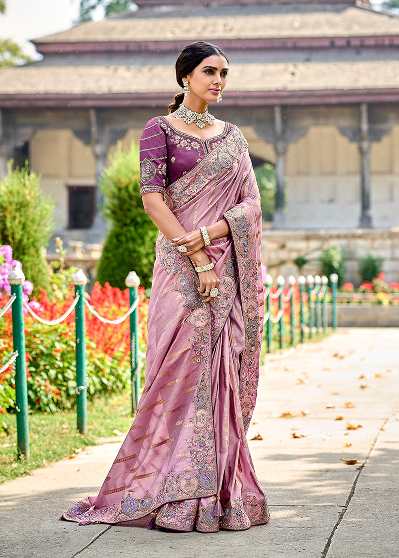 Monjolika Fashion Mauve Colour Banarasi Silk Embroidered Woven Saree With Blouse | Grocsy