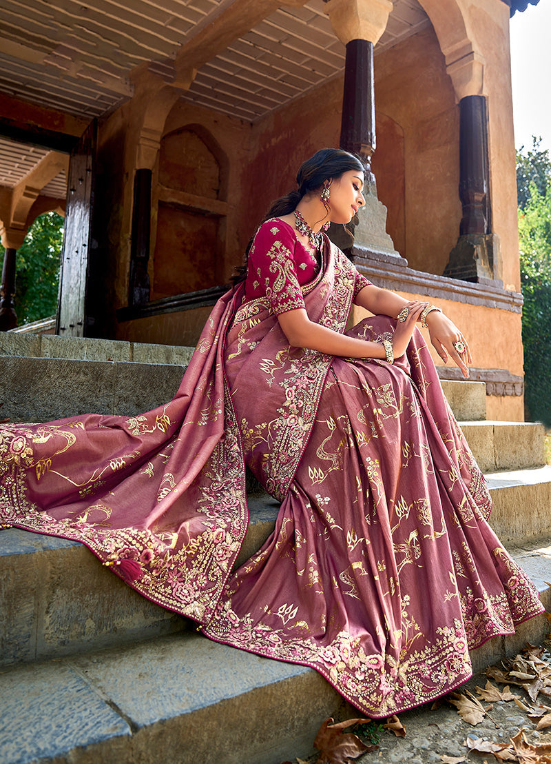 Monjolika Fashion Dark Mauve Colour Banarasi Silk Embroidered Woven Saree With Blouse | Grocsy