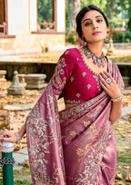 Monjolika Fashion Dark Mauve Colour Banarasi Silk Embroidered Woven Saree With Blouse | Grocsy
