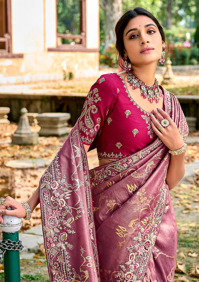 Monjolika Fashion Dark Mauve Colour Banarasi Silk Embroidered Woven Saree With Blouse | Grocsy