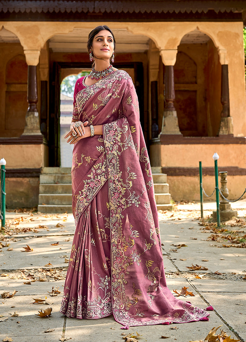 Monjolika Fashion Dark Mauve Colour Banarasi Silk Embroidered Woven Saree With Blouse | Grocsy
