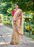 Monjolika Fashion Cream Colour Banarasi Silk Embroidered Woven Saree With Blouse | Grocsy