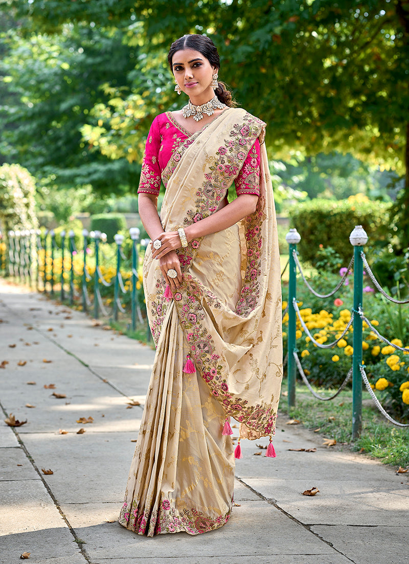 Monjolika Fashion Cream Colour Banarasi Silk Embroidered Woven Saree With Blouse | Grocsy