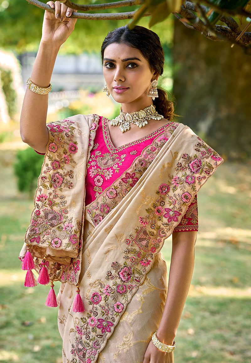 Monjolika Fashion Cream Colour Banarasi Silk Embroidered Woven Saree With Blouse | Grocsy