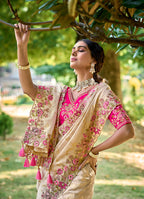 Monjolika Fashion Cream Colour Banarasi Silk Embroidered Woven Saree With Blouse | Grocsy