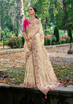 Monjolika Fashion Cream Colour Banarasi Silk Embroidered Woven Saree With Blouse | Grocsy