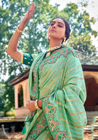Monjolika Fashion Sea Green Colour Banarasi Silk Embroidered Woven Saree With Blouse | Grocsy