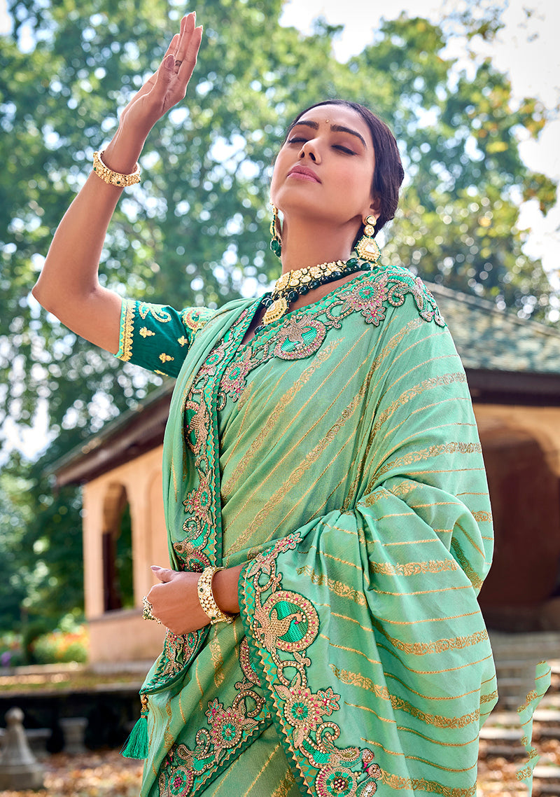 Monjolika Fashion Sea Green Colour Banarasi Silk Embroidered Woven Saree With Blouse | Grocsy