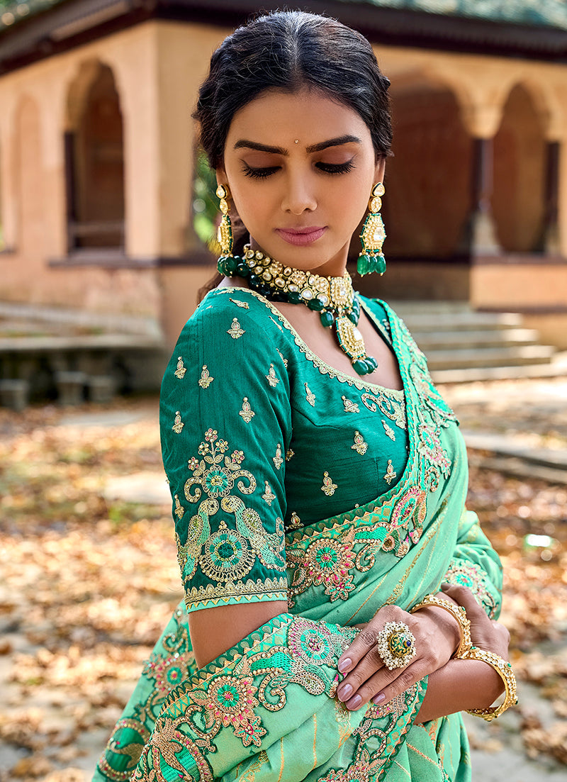 Monjolika Fashion Sea Green Colour Banarasi Silk Embroidered Woven Saree With Blouse | Grocsy