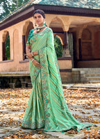 Monjolika Fashion Sea Green Colour Banarasi Silk Embroidered Woven Saree With Blouse | Grocsy