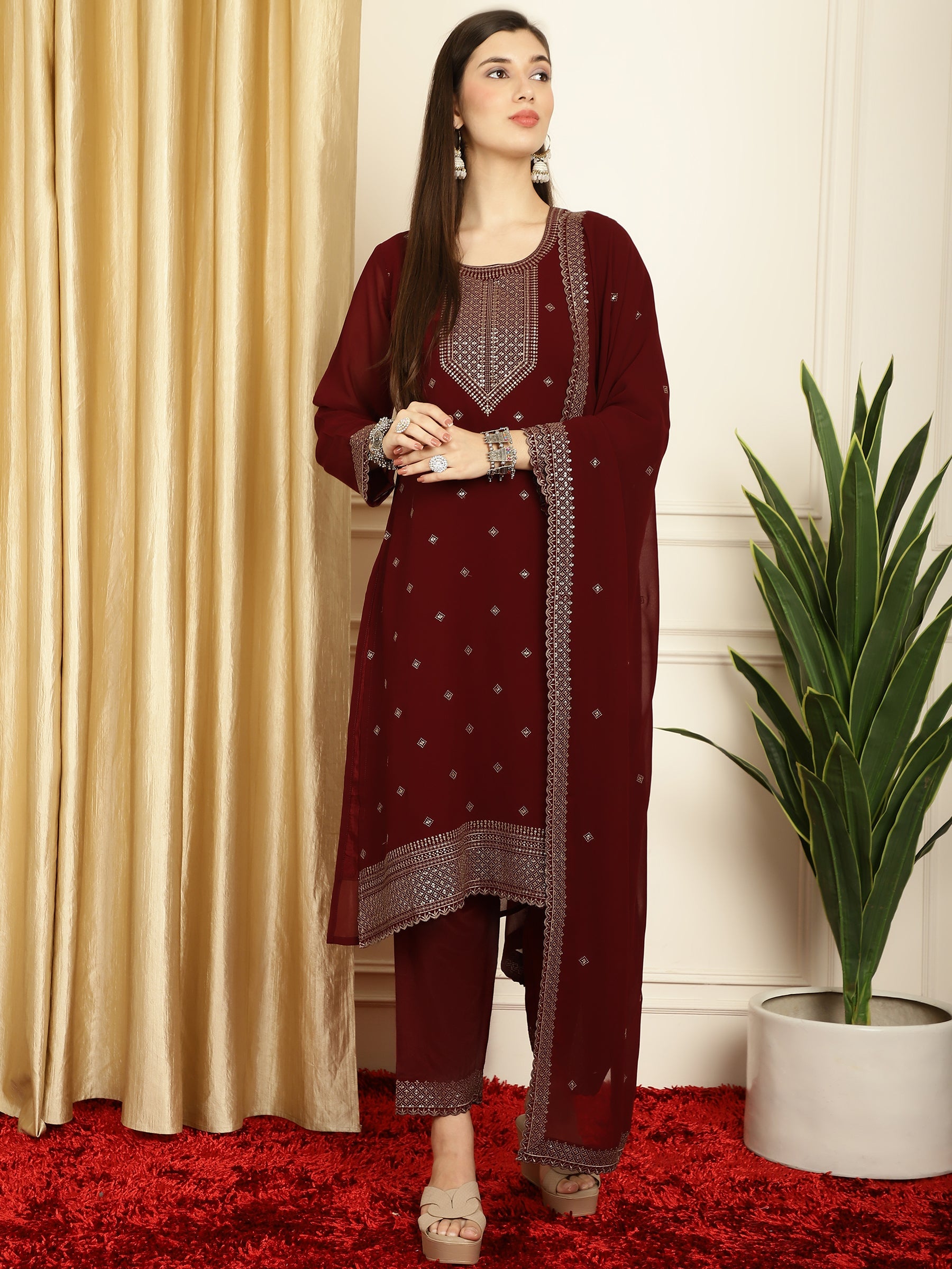 Stylee Lifestyle Marron Georgette Embroidered Suit Set | Grocsy