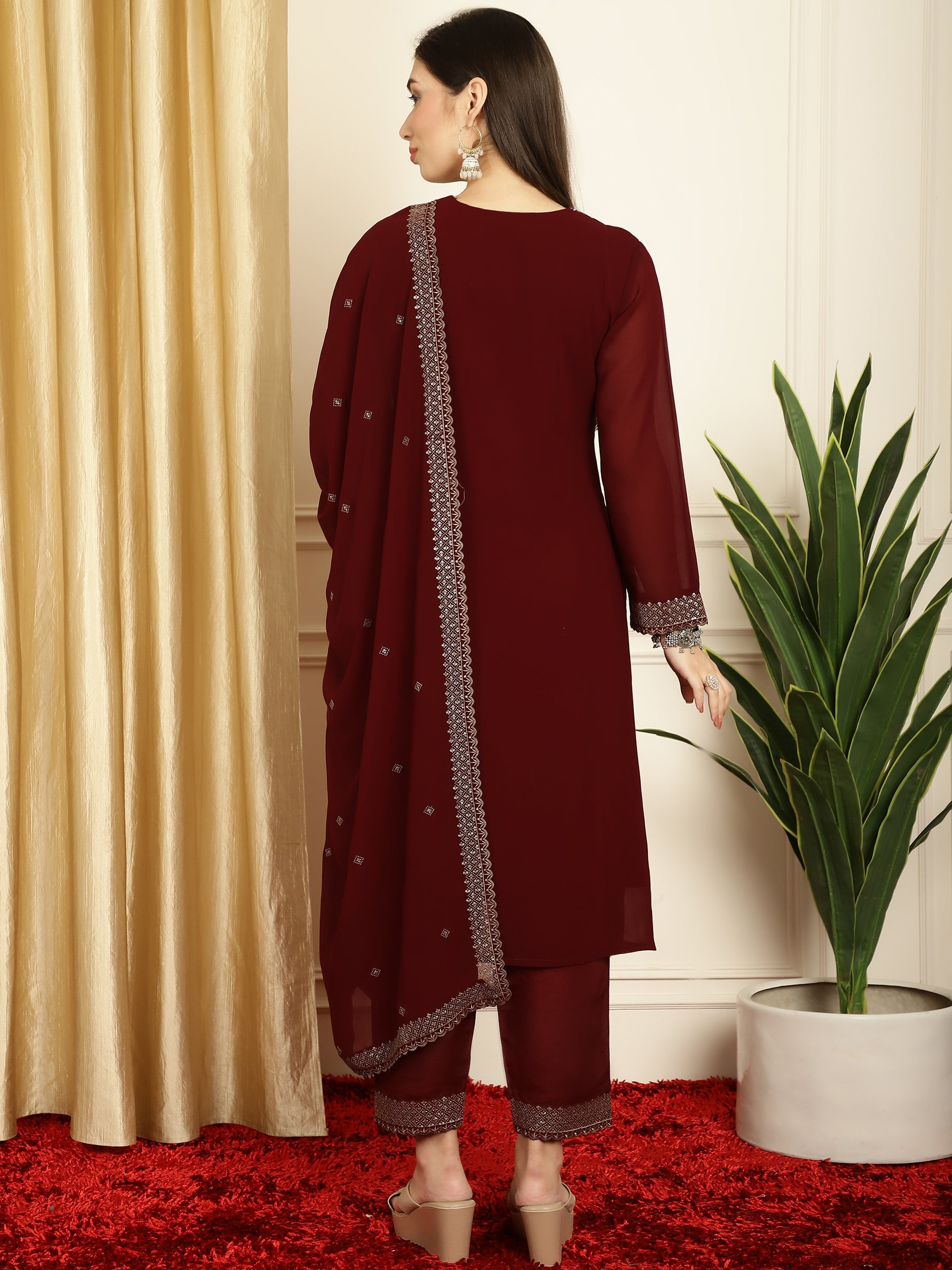 Stylee Lifestyle Marron Georgette Embroidered Suit Set | Grocsy