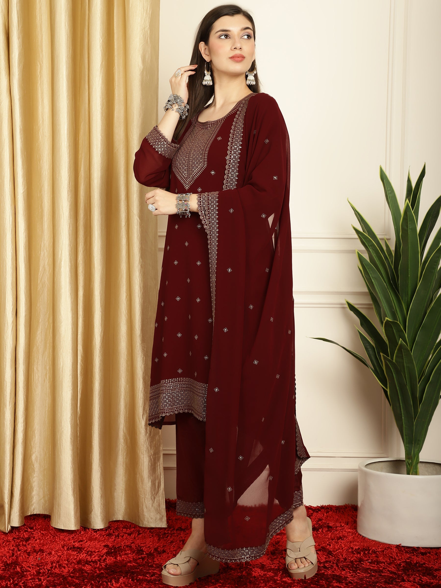 Stylee Lifestyle Marron Georgette Embroidered Suit Set | Grocsy